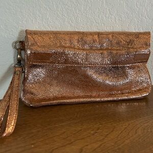 Miss Albright Metallic Copper Rose Gold Shimmering Wristlet Clutch -